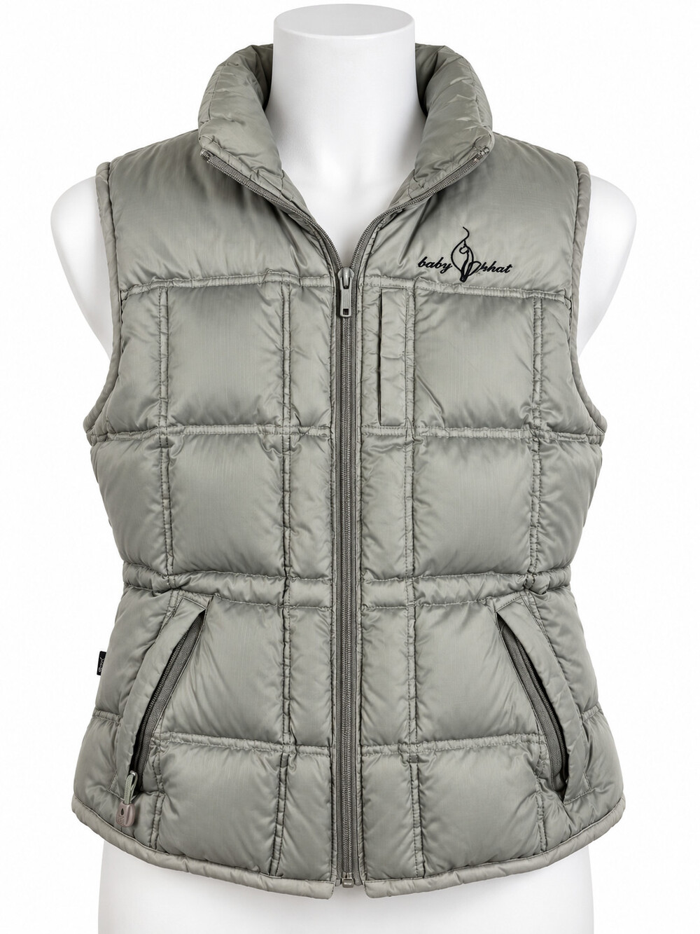 Baby Phat Women’s M Silver Gray Goose Down Puffer Vest Y2K Embroidered Logo